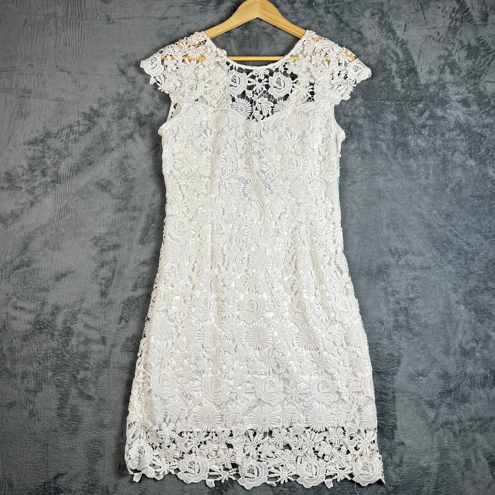 Guess Mini Dress Women Large White Floral Lace Cap Sleeve Scalloped Hem Cocktail